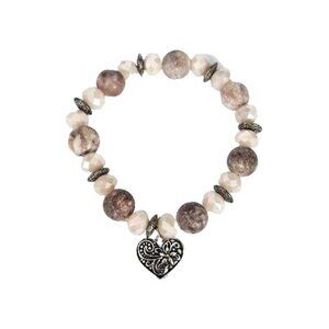 Pink Agate Beaded Silver Tone Heart Charm Stretch Bracelet